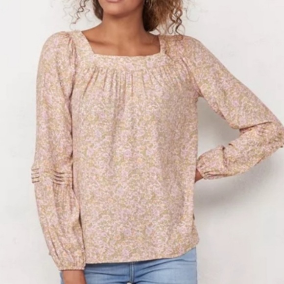LC Lauren Conrad Tops - LC Lauren Conrad Peach Floral Print Boho Square Neck Peasant Blouse. Size M